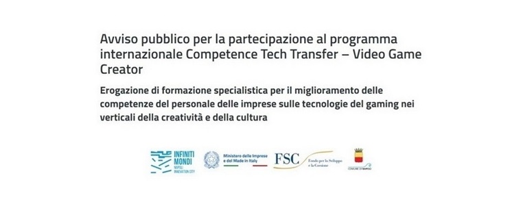 Avviso pubblico per la partecipazione al programma internazionale Competence Tech Transfer – Video Game Creator